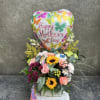 Flower box with sunflowers, snapdragons, roses, chrysanthemums, berries, asters, with eucalyptus and