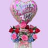 A cheerful heart-shaped foil balloon and a compact basket of roses and