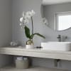 White orchid in a gold and white pot on a bathroom counter