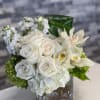 A sophisticated compact arrangement featuring white and green hydrangeas, fragrant stock, delicate