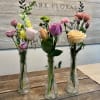 These petite arrangements pair roses, tulips, carnations, snapdragons, and small green chrysanthemums