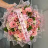 ROSES, CARNATIONS, GERBERAS, HYDRANGEAS, POMPOMS, ALSTROEMERIA, BABIES BREATH WILL BE INCLUDED. 
RIBBON