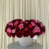 A lush dome of tightly packed roses in deep red and bright