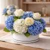 A lush cluster of blue hydrangeas and creamy white roses creates a