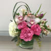 Cube With a Mound of White Hydrangea, Roses, tulips, Cymbidium Orchids, Alstroemeria