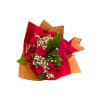 Bouquet of red roses with baby's breath in red and gold wrapping