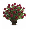 Red roses arranged in a dark pedestal vase