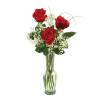 Three velvety red roses are lovingly paired with delicate baby&rsquo;s breath 