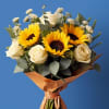 Beautiful Bouquet of White roses mixed with Sunflowers, wrapped in paper. 

If