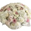 Basket of hydrangeas, pink and white spray roses, roses and carnations