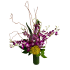 Purple orchids and a yellow pincushion bloom in a tall vase arrangement