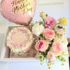 Mother's Day gift box with pink balloon, cake, and pastel flower bouquet