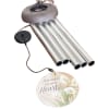 Silver wind chime with round tag reading 