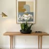 White orchids in a black bowl on a wooden table
