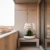 White orchids in a low white planter on a balcony