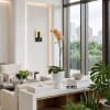 Potted orchid arrangement in a white ribbed planter in a modern room
