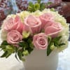 Pink roses,white hydrangeas ,green in white or clear vase 