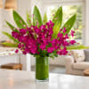 Magenta orchids arranged in a tall glass vase with fern accents
