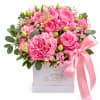A lush cluster of lavender Gardem roses and soft pink lisianthus makes
