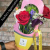 Designer choice small bouquet with teacher theme holder, ribbon and trinkets.