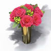 Pink roses arranged in a gold vase with green berry accents