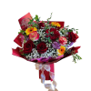 Deep red roses meet sunny yellow gerbera daisies and soft pink blooms