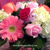 Pink and white bouquet with roses, gerbera daisy, and hydrangeas