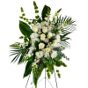 Tall white floral standing spray with roses and chrysanthemums