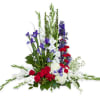 Tall floral arrangement with white, purple, and red flowers