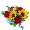 Sunflower and Roses accented by greens and babies breath will show how