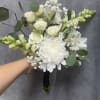 White whisper prom bouquet with white mum , spray rose, white alstroemeria