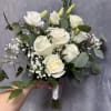 White prom bouquet with white roses &amp; white lisianthus 