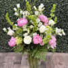This classic arrangements come designed with pink peonies, white roses, hydrangeas, campanella
