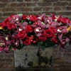 Red roses and burgundy orchids arranged in a square vase
