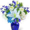 Our Blue Beauty flower design is meticulously created with hydrangea, lilies, Delphinium