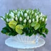White tulips and green anthuriums in a white shell-shaped vase