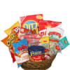 Basket of assorted snack bags and candy packages