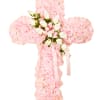 Pink carnation cross with white roses and pink ribbon accents on a white background