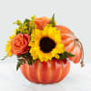 Our Harvest Traditions ceramic pumpkin vase has a stem and jute handle