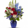 A striking display of red, white and blue patriotic petals delivered in