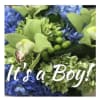 Blue and green floral bouquet with a white orchid bloom