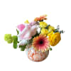 Beautiful round vase with rose, spray rose, gerbera daisy, ranunculus, viburnum and