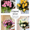 Collage of wrapped rose bouquets in pink, yellow, and white