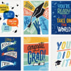 Six colorful graduation greeting cards with congratulatory messages.