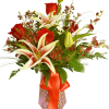 A pink keepsake vase filled with Roses, Stargazer Lilies, Dendrobium Orchids, Waxflower