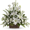 Basket arrangement of white lilies and white carnations
