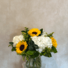 White hydrangeas with sunflowers and solidago