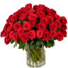 Dozens of red roses arranged tightly in a clear glass vase