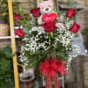 12 red roses in vase with I love you plush 