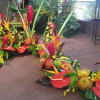 Tropical floral arrangements with red anthuriums and orange bird-of-paradise flowers